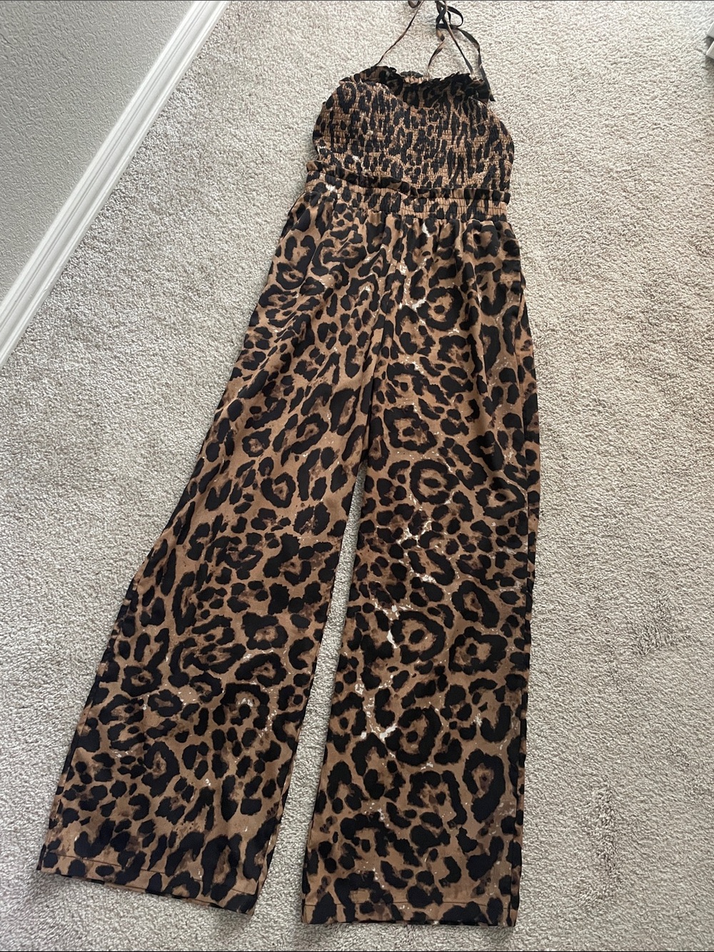 Smocked Halter Leopard Print Jumpsuit - Brown
